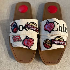 Chloé Woody Flat Mule, 38, white/black/multicolor